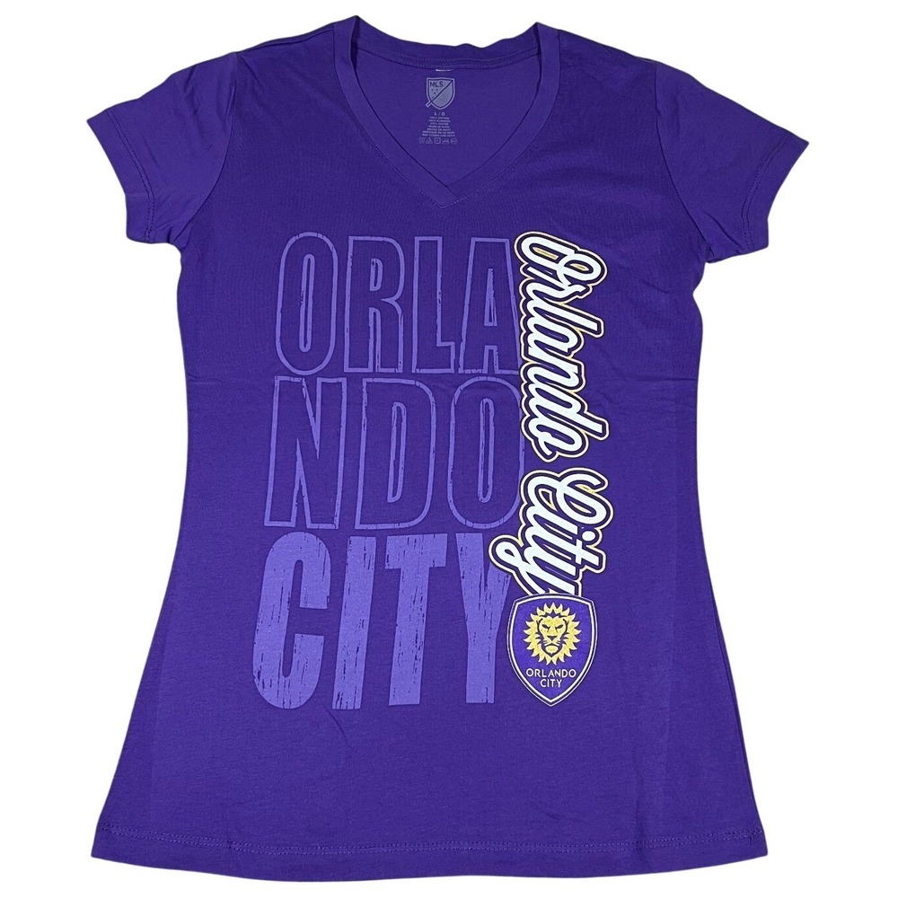 MLS Orlando City SC Womens‎ V-Neck Graphic T-Shirt Purple Size Large Cotton Tee